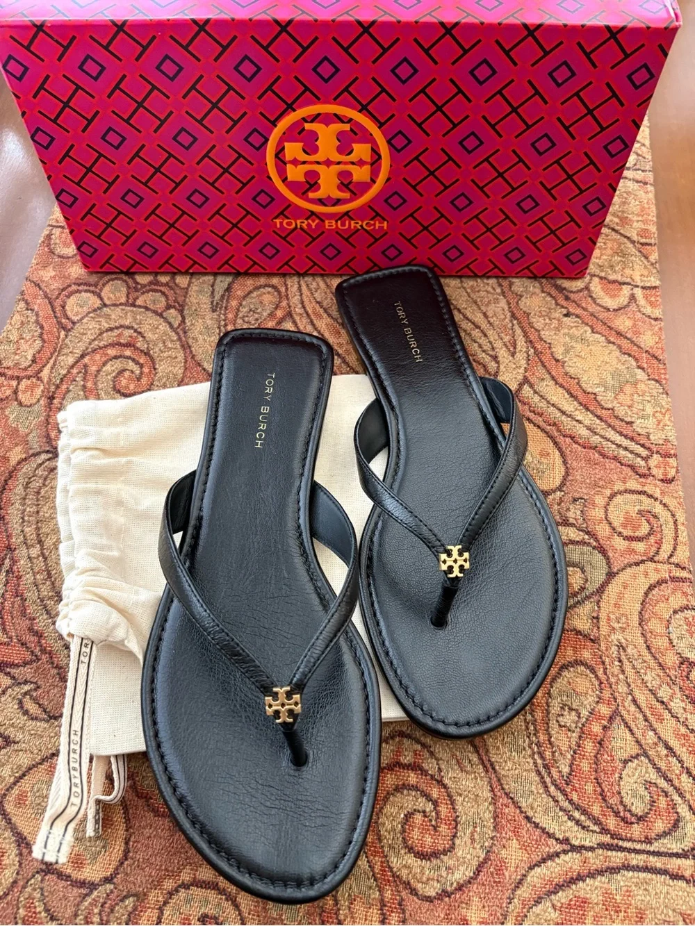 Tory Burch Black Leather Logo Thong Sandals